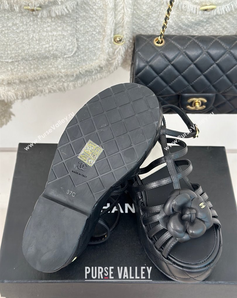 Chanel Lambskin tubular Platform Sandals with Ankle Strap and Camellia Black 2024 (modeng-24011813)