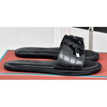 Loro Piana Tassels Charms Sandals in Alligator Leather Black 2024 (kaola-24011804)