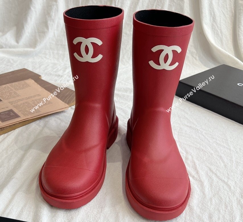 Cheap Sale Chanel CC Logo Rubber Rain Ankle Boots Red (guodong-24012307)