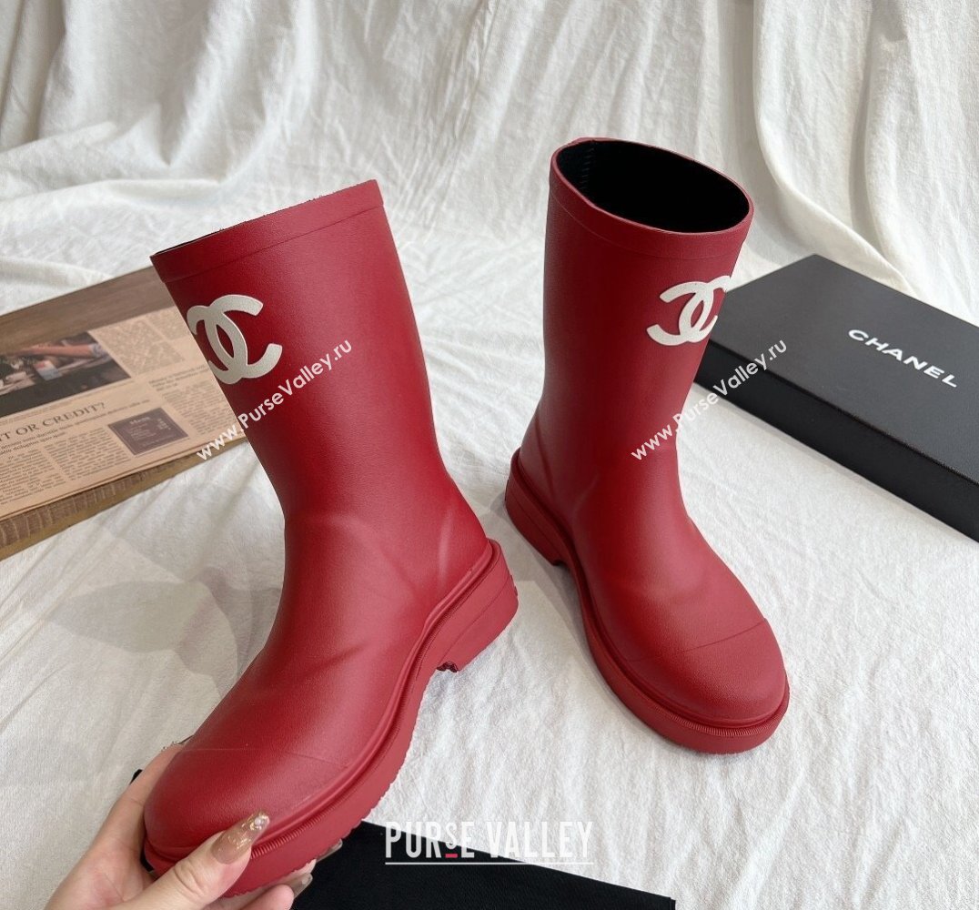 Cheap Sale Chanel CC Logo Rubber Rain Ankle Boots Red (guodong-24012307)