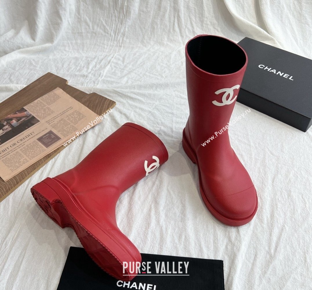 Cheap Sale Chanel CC Logo Rubber Rain Ankle Boots Red (guodong-24012307)