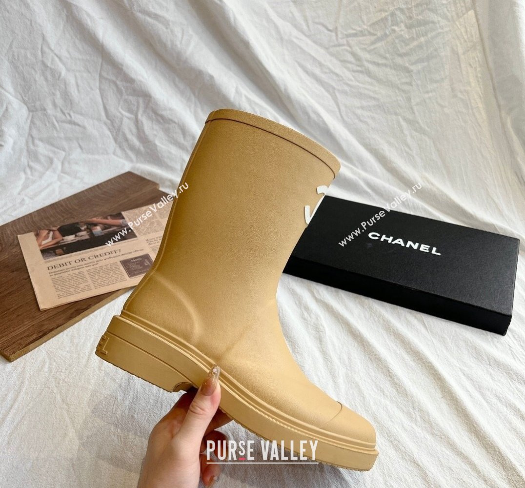 Cheap Sale Chanel CC Logo Rubber Rain Ankle Boots Beige (guodong-24012308)