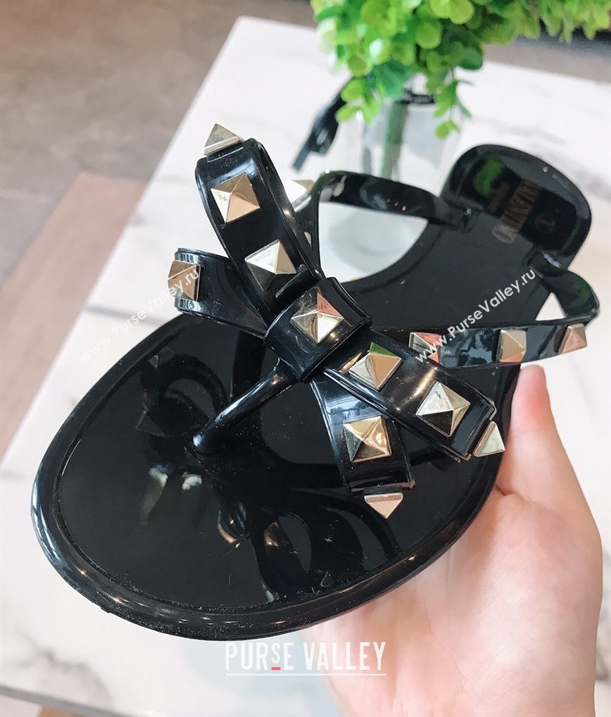 Cheap Sale Valentino Rubber Rockstud Thong PVC Flip Flops with Bow Black (guodong-24012455)