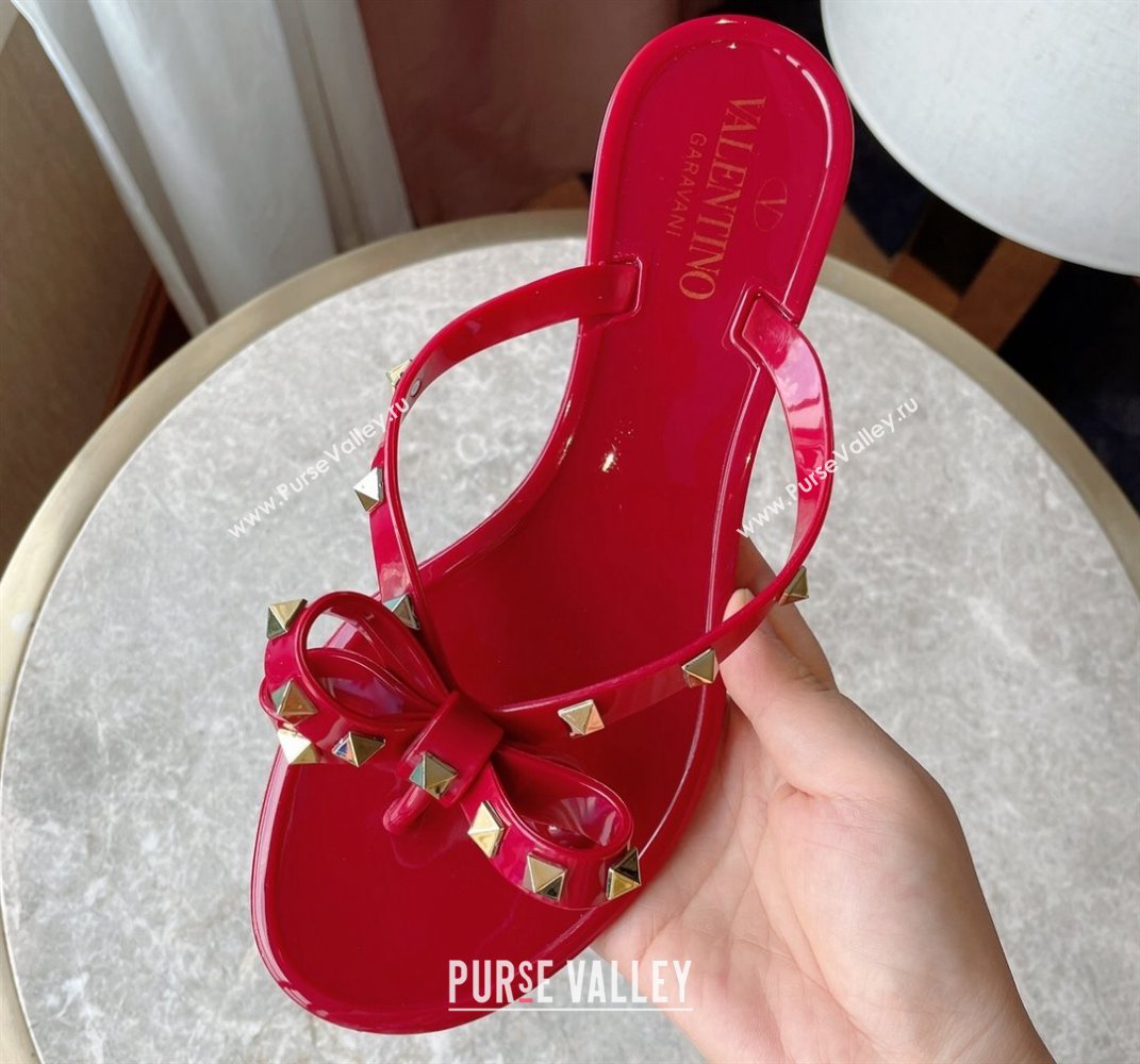 Cheap Sale Valentino Rubber Rockstud Thong PVC Flip Flops with Bow Red (guodong-24012456)