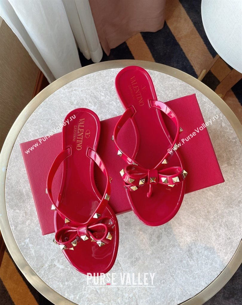 Cheap Sale Valentino Rubber Rockstud Thong PVC Flip Flops with Bow Red (guodong-24012456)