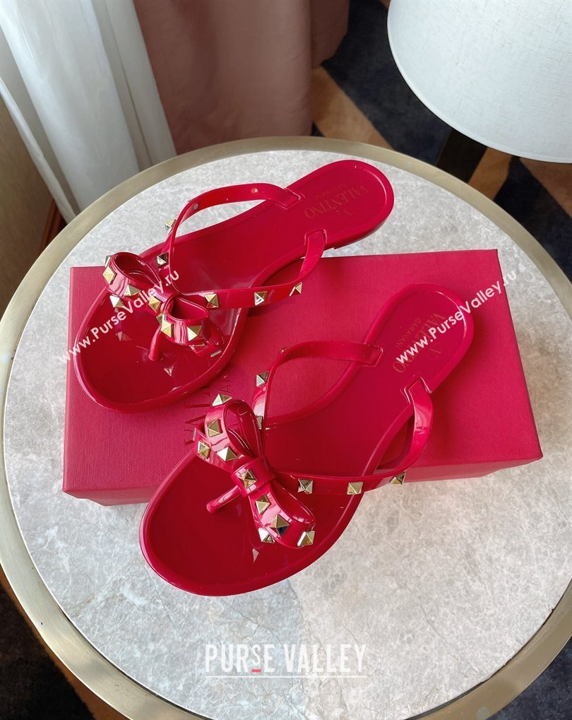 Cheap Sale Valentino Rubber Rockstud Thong PVC Flip Flops with Bow Red (guodong-24012456)