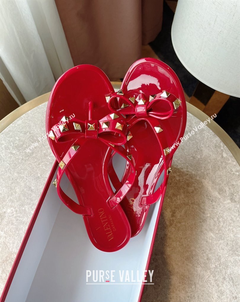 Cheap Sale Valentino Rubber Rockstud Thong PVC Flip Flops with Bow Red (guodong-24012456)