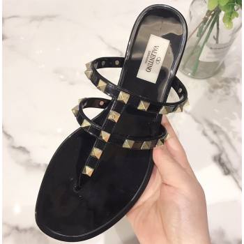 Cheap Sale Valentino Rubber Rockstud Thong Flat Sandals Black (guodong-24012453)