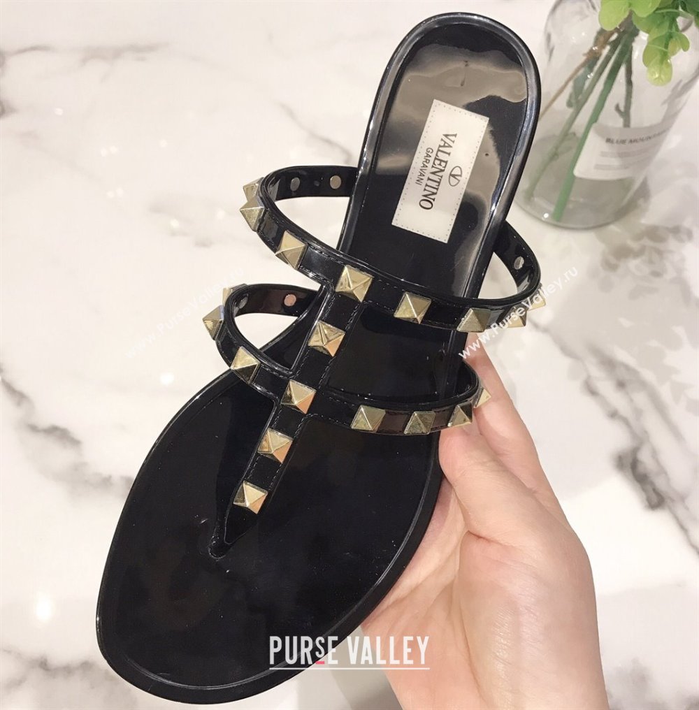 Cheap Sale Valentino Rubber Rockstud Thong Flat Sandals Black (guodong-24012453)