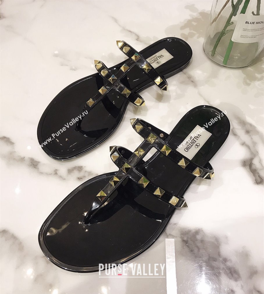 Cheap Sale Valentino Rubber Rockstud Thong Flat Sandals Black (guodong-24012453)