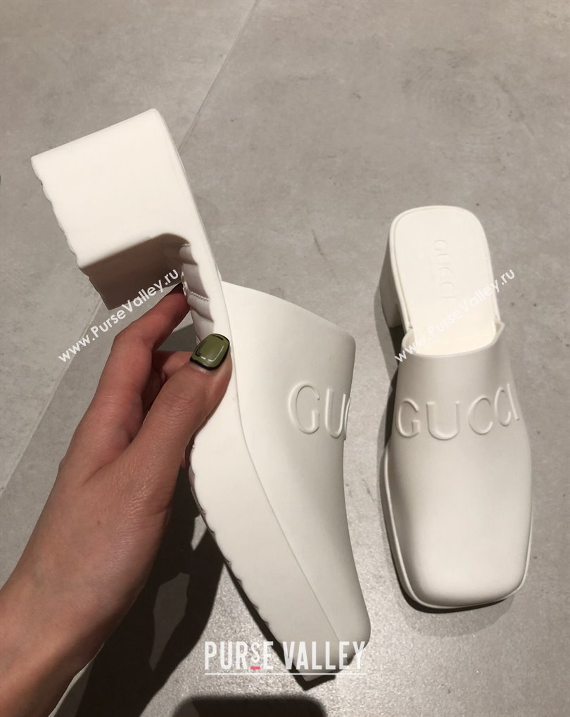 Cheap Sale Gucci Heel 5.5cm Platform 2.5cm Embossed Logo Rubber Mules White (guodong-24012435)