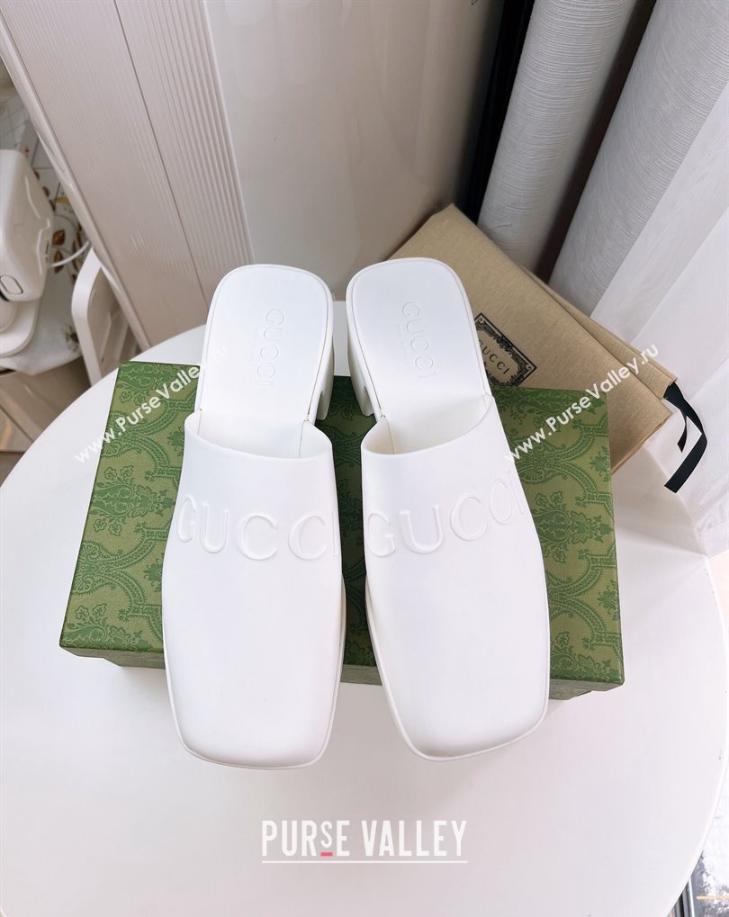 Cheap Sale Gucci Heel 5.5cm Platform 2.5cm Embossed Logo Rubber Mules White (guodong-24012435)