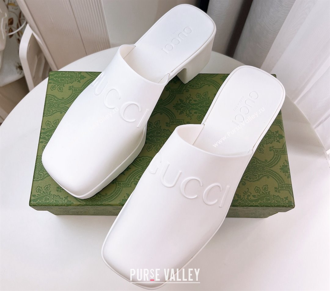 Cheap Sale Gucci Heel 5.5cm Platform 2.5cm Embossed Logo Rubber Mules White (guodong-24012435)