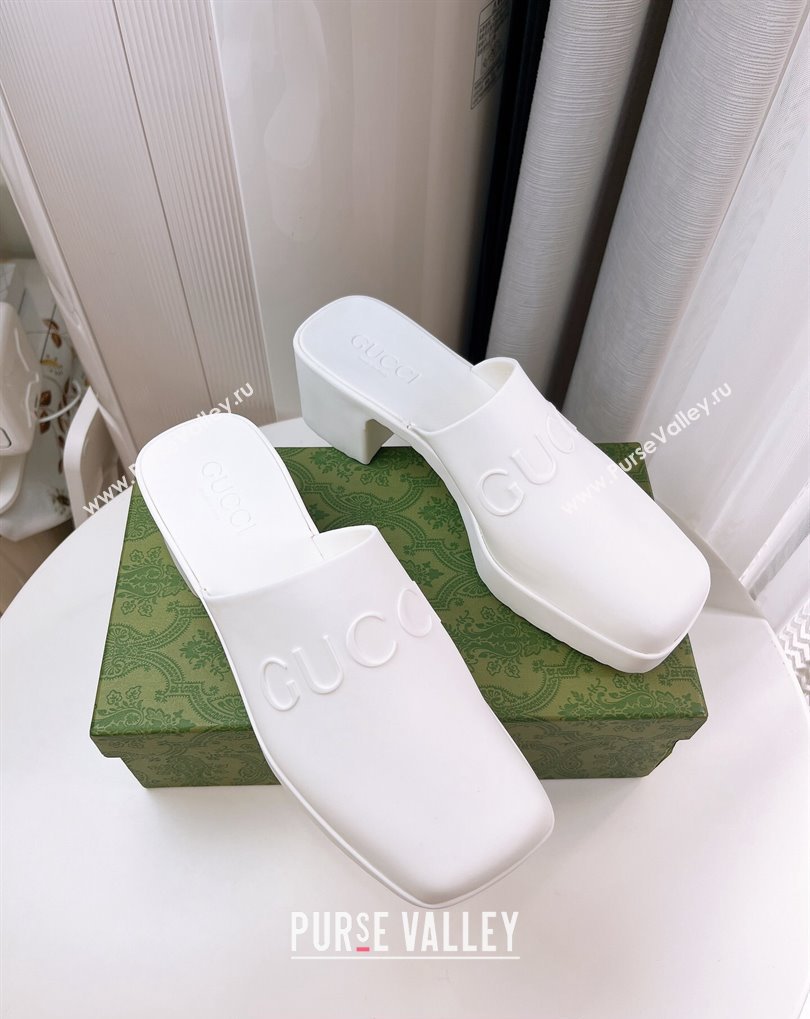 Cheap Sale Gucci Heel 5.5cm Platform 2.5cm Embossed Logo Rubber Mules White (guodong-24012435)