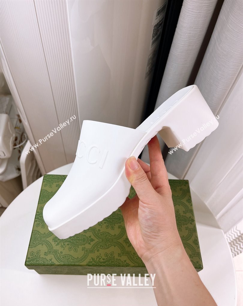 Cheap Sale Gucci Heel 5.5cm Platform 2.5cm Embossed Logo Rubber Mules White (guodong-24012435)