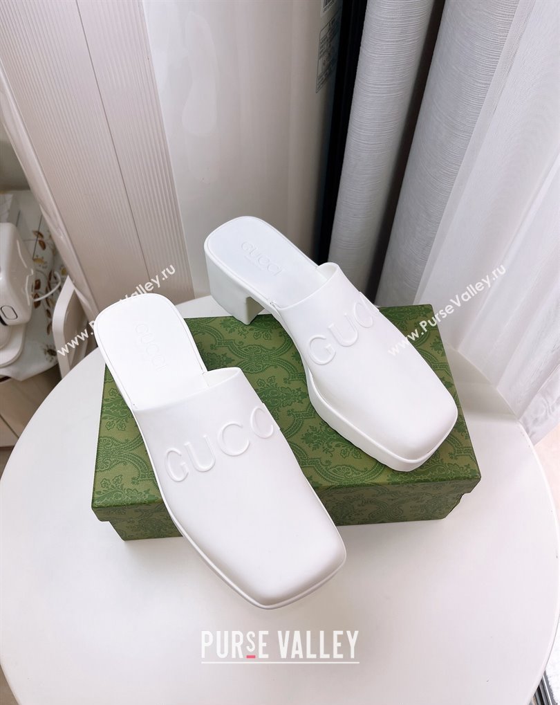 Cheap Sale Gucci Heel 5.5cm Platform 2.5cm Embossed Logo Rubber Mules White (guodong-24012435)