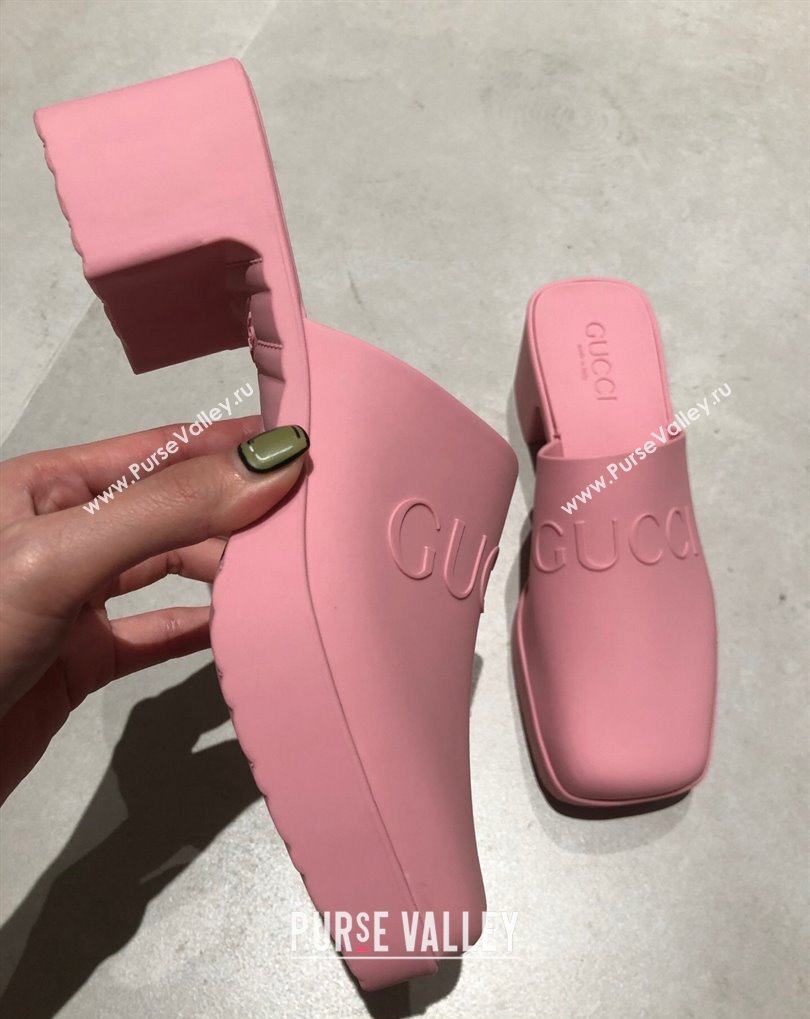 Cheap Sale Gucci Heel 5.5cm Platform 2.5cm Embossed Logo Rubber Mules Pink (guodong-24012436)