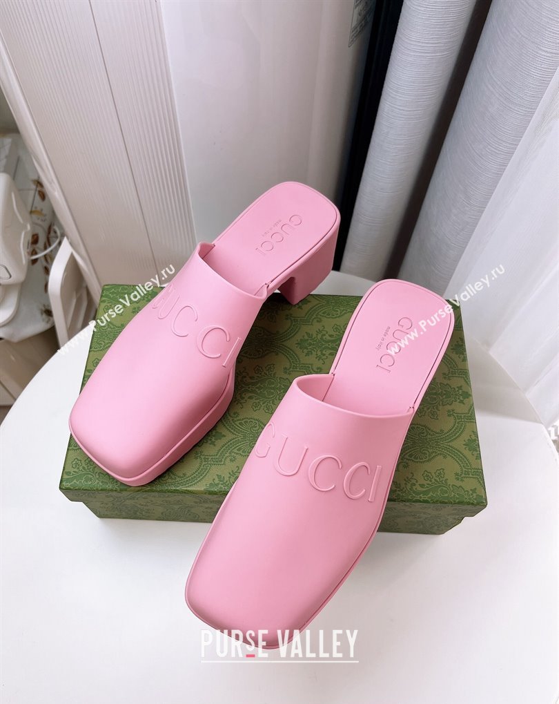 Cheap Sale Gucci Heel 5.5cm Platform 2.5cm Embossed Logo Rubber Mules Pink (guodong-24012436)