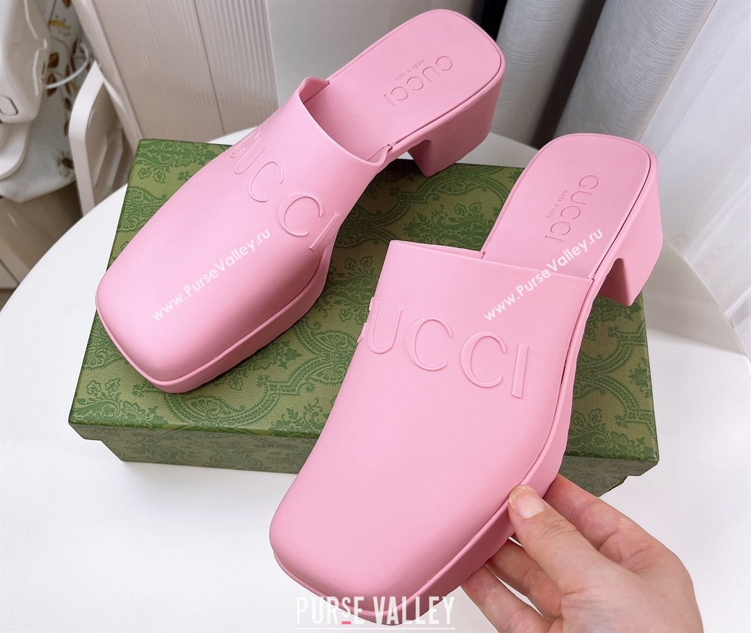 Cheap Sale Gucci Heel 5.5cm Platform 2.5cm Embossed Logo Rubber Mules Pink (guodong-24012436)