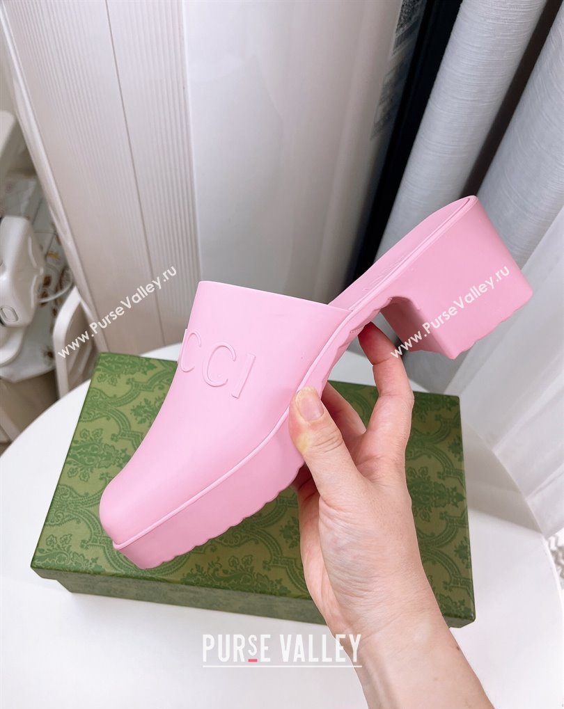 Cheap Sale Gucci Heel 5.5cm Platform 2.5cm Embossed Logo Rubber Mules Pink (guodong-24012436)