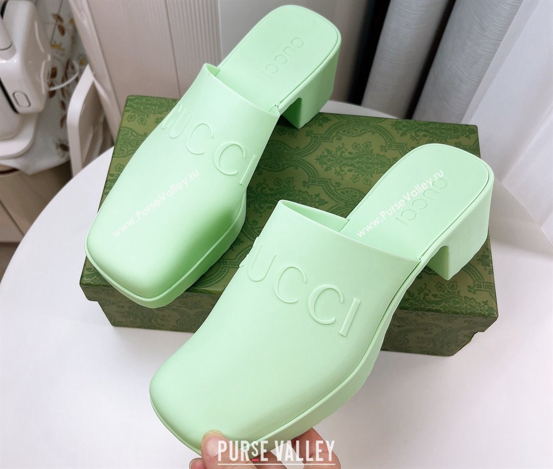 Cheap Sale Gucci Heel 5.5cm Platform 2.5cm Embossed Logo Rubber Mules Green (guodong-24012437)