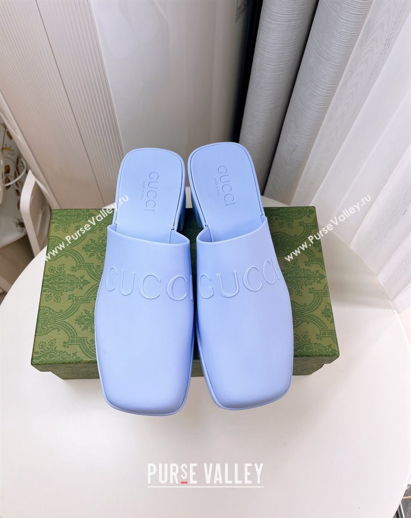 Cheap Sale Gucci Heel 5.5cm Platform 2.5cm Embossed Logo Rubber Mules Blue (guodong-24012438)