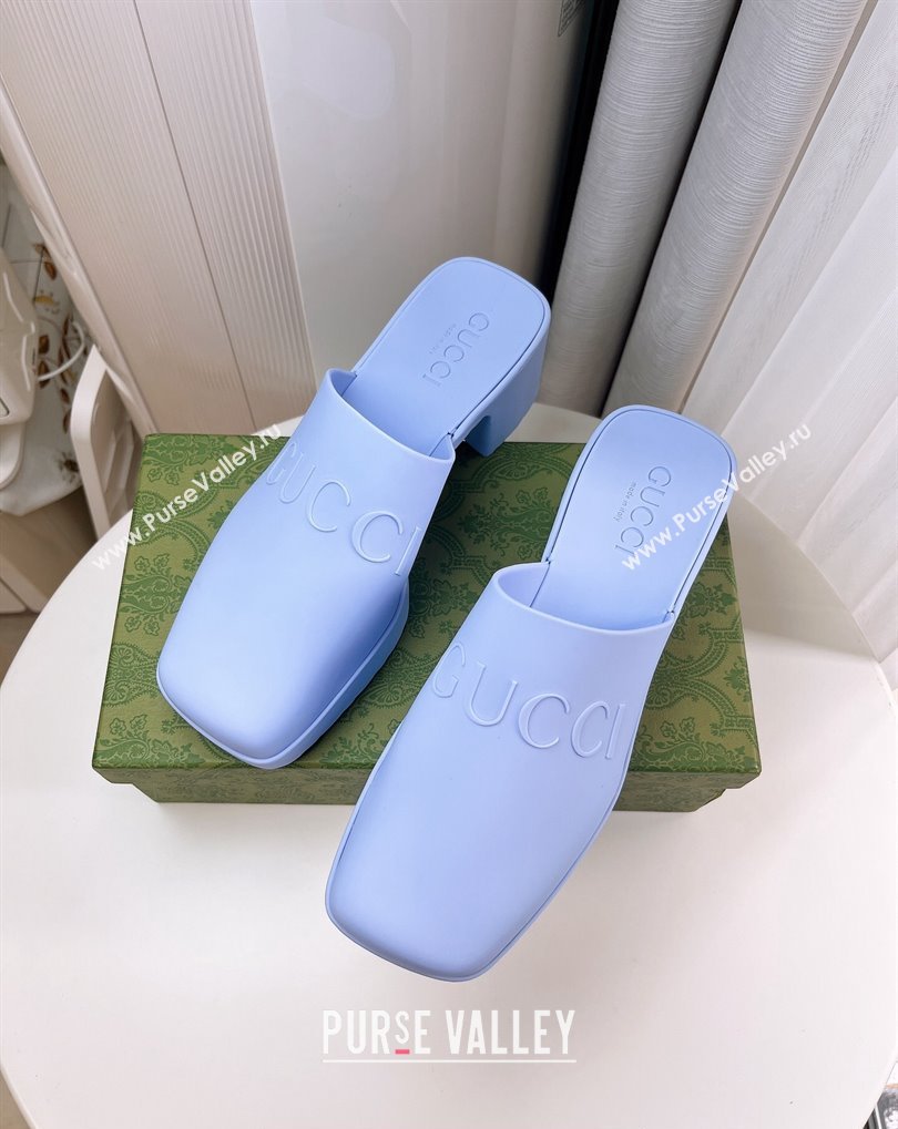 Cheap Sale Gucci Heel 5.5cm Platform 2.5cm Embossed Logo Rubber Mules Blue (guodong-24012438)