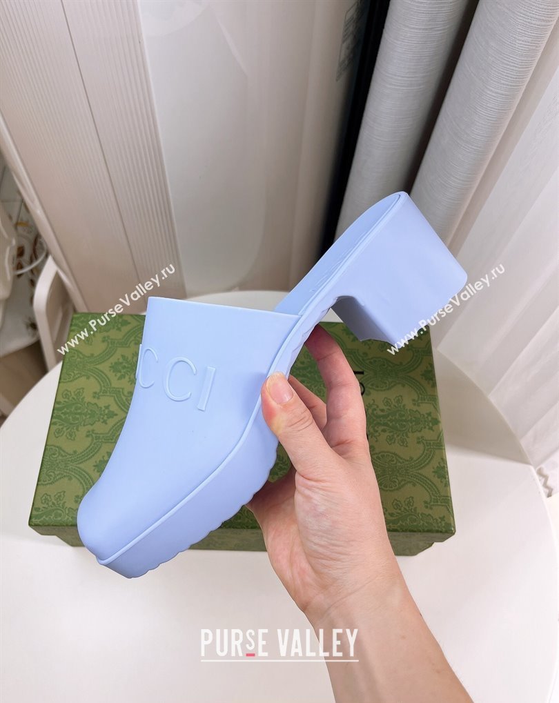 Cheap Sale Gucci Heel 5.5cm Platform 2.5cm Embossed Logo Rubber Mules Blue (guodong-24012438)