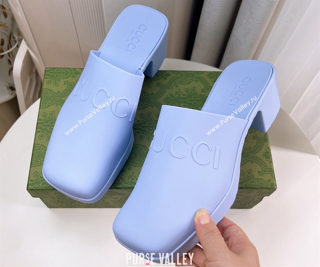 Cheap Sale Gucci Heel 5.5cm Platform 2.5cm Embossed Logo Rubber Mules Blue (guodong-24012438)