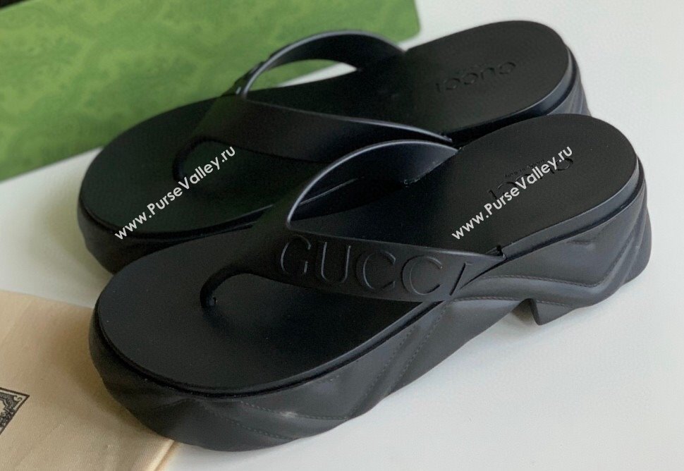 Cheap Sale Gucci thong platform rubber sandals 746334 Black (guodong-24012430)