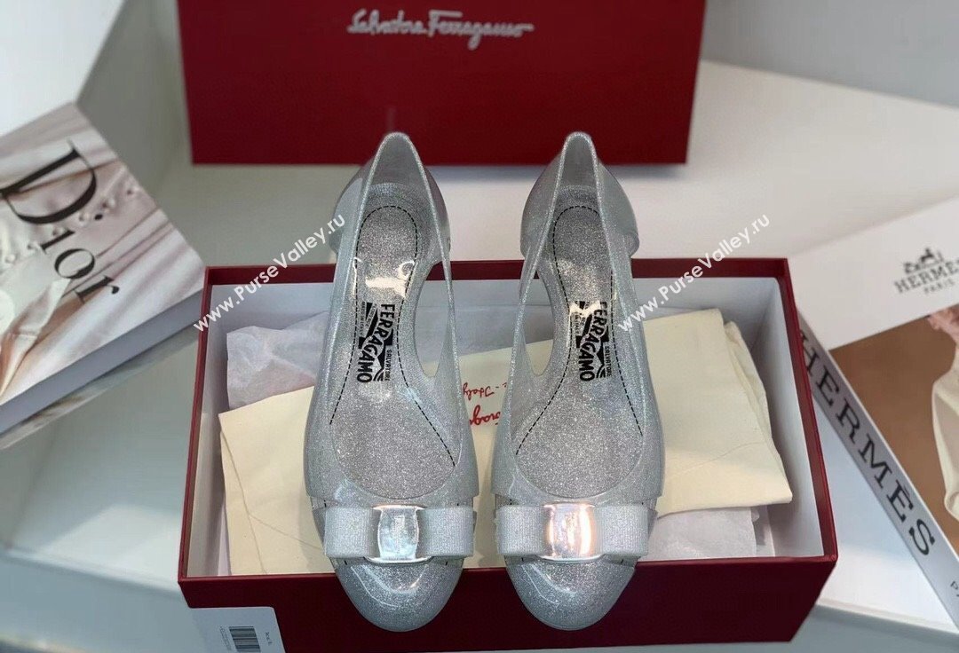 Cheap Sale Ferragamo rubber Jelly ballet flats Silver with Vara Bow (guodong-24012446)