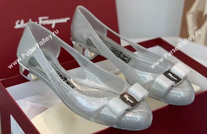 Cheap Sale Ferragamo rubber Jelly ballet flats Silver with Vara Bow (guodong-24012446)