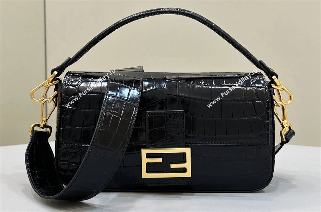 Fendi Medium Baguette Black crocodile leather bag (chaoliu-24012605)