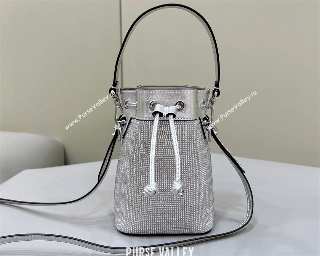 Fendi Mini Mon Tresor Bucket Silver leather bag with crystal FF motif (chaoliu-24012611)