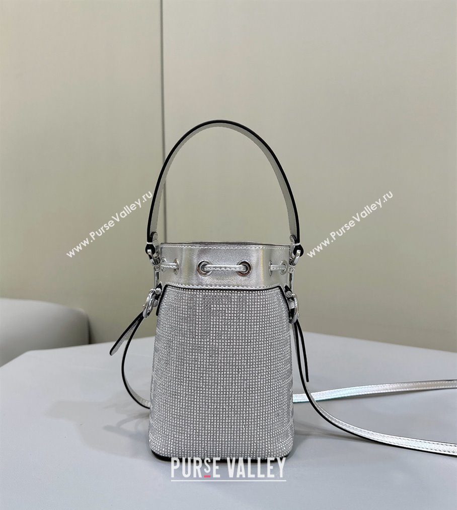 Fendi Mini Mon Tresor Bucket Silver leather bag with crystal FF motif (chaoliu-24012611)