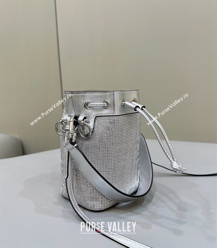 Fendi Mini Mon Tresor Bucket Silver leather bag with crystal FF motif (chaoliu-24012611)