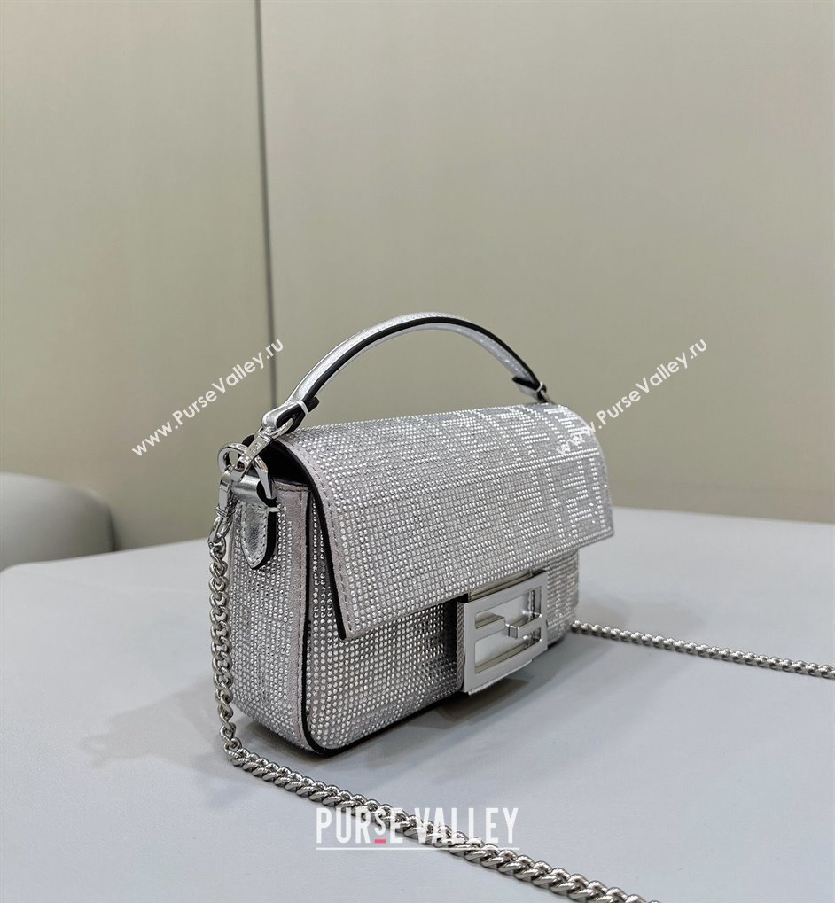 Fendi Mini Baguette Silver leather bag with crystal FF motif (chaoliu-24012610)