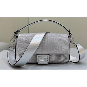 Fendi Medium Baguette Silver leather bag with crystal FF motif (chaoliu-24012609)
