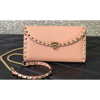 Valentino Rockstud Wallet With Chain in Grainy Calfskin Nude Pink 2024 (liankafo-24020143)
