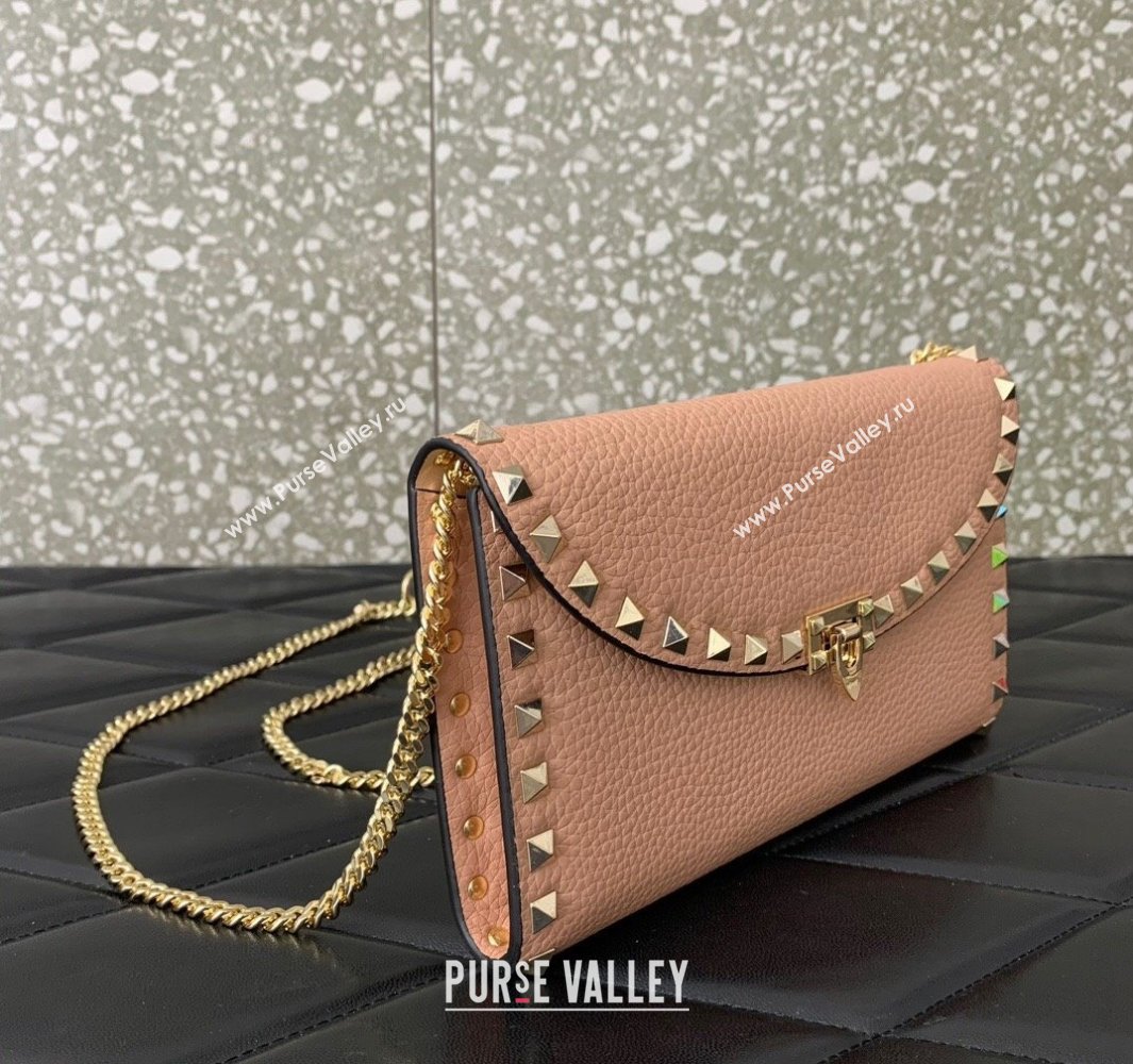 Valentino Rockstud Wallet With Chain in Grainy Calfskin Nude Pink 2024 (liankafo-24020143)