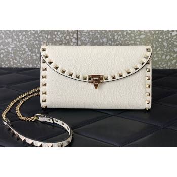 Valentino Rockstud Wallet With Chain in Grainy Calfskin White 2024 (liankafo-24020139)