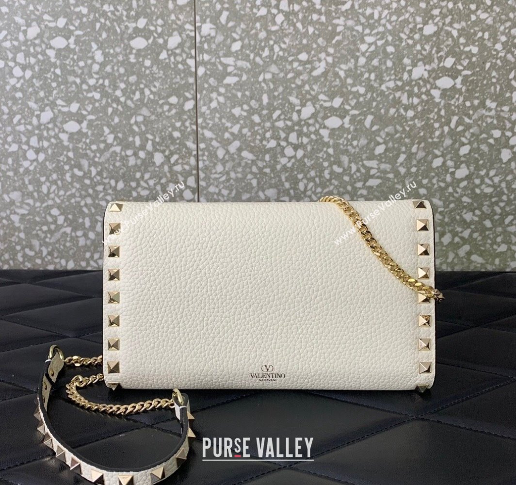 Valentino Rockstud Wallet With Chain in Grainy Calfskin White 2024 (liankafo-24020139)