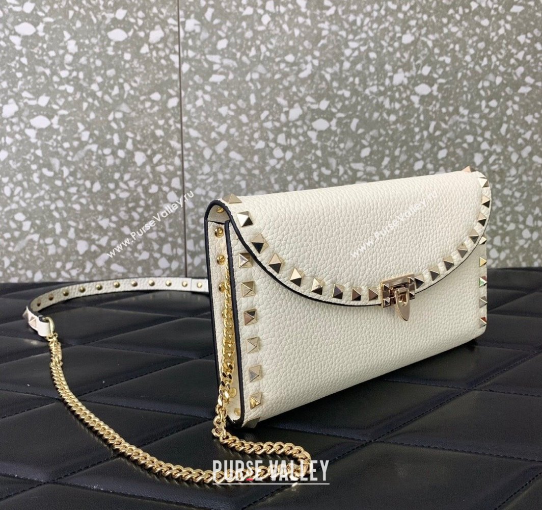 Valentino Rockstud Wallet With Chain in Grainy Calfskin White 2024 (liankafo-24020139)