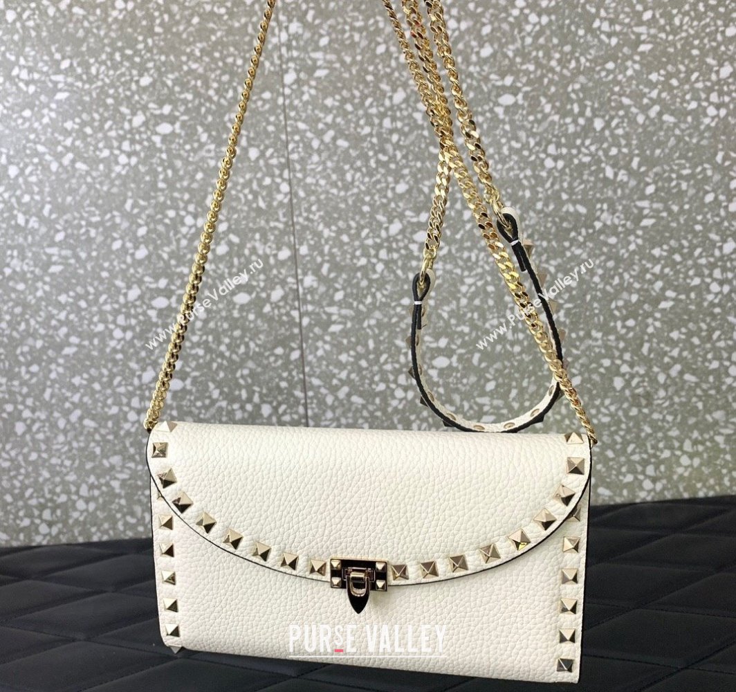 Valentino Rockstud Wallet With Chain in Grainy Calfskin White 2024 (liankafo-24020139)