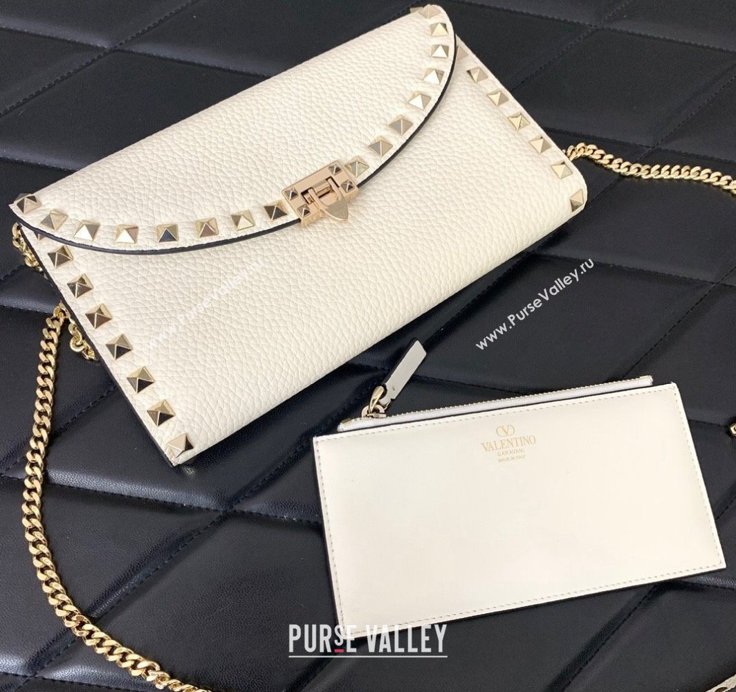 Valentino Rockstud Wallet With Chain in Grainy Calfskin White 2024 (liankafo-24020139)