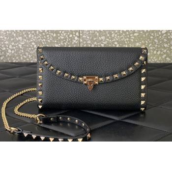 Valentino Rockstud Wallet With Chain in Grainy Calfskin Black 2024 (liankafo-24020138)