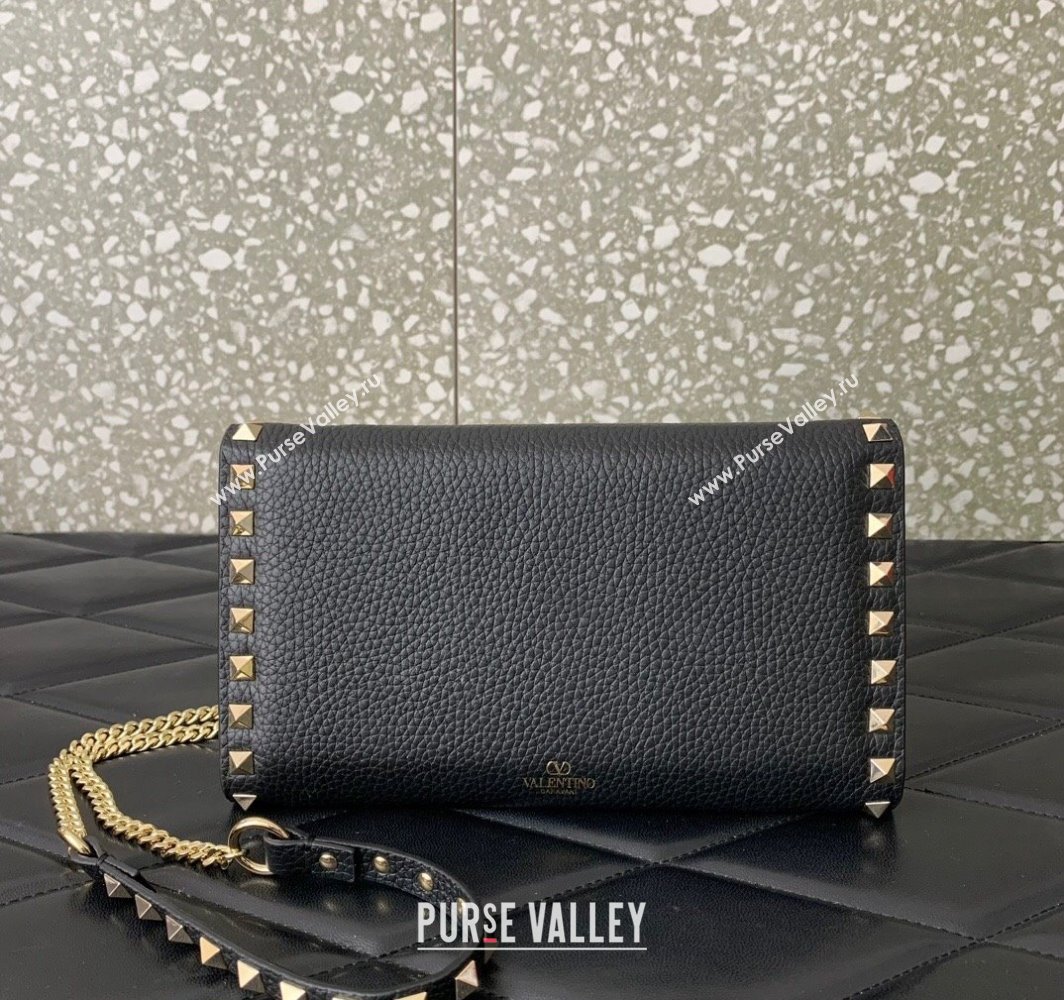 Valentino Rockstud Wallet With Chain in Grainy Calfskin Black 2024 (liankafo-24020138)