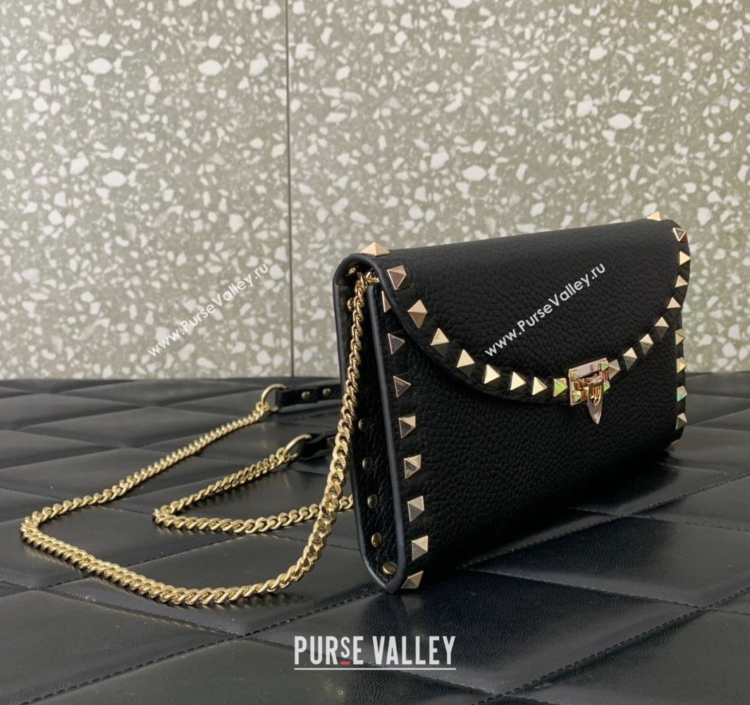 Valentino Rockstud Wallet With Chain in Grainy Calfskin Black 2024 (liankafo-24020138)