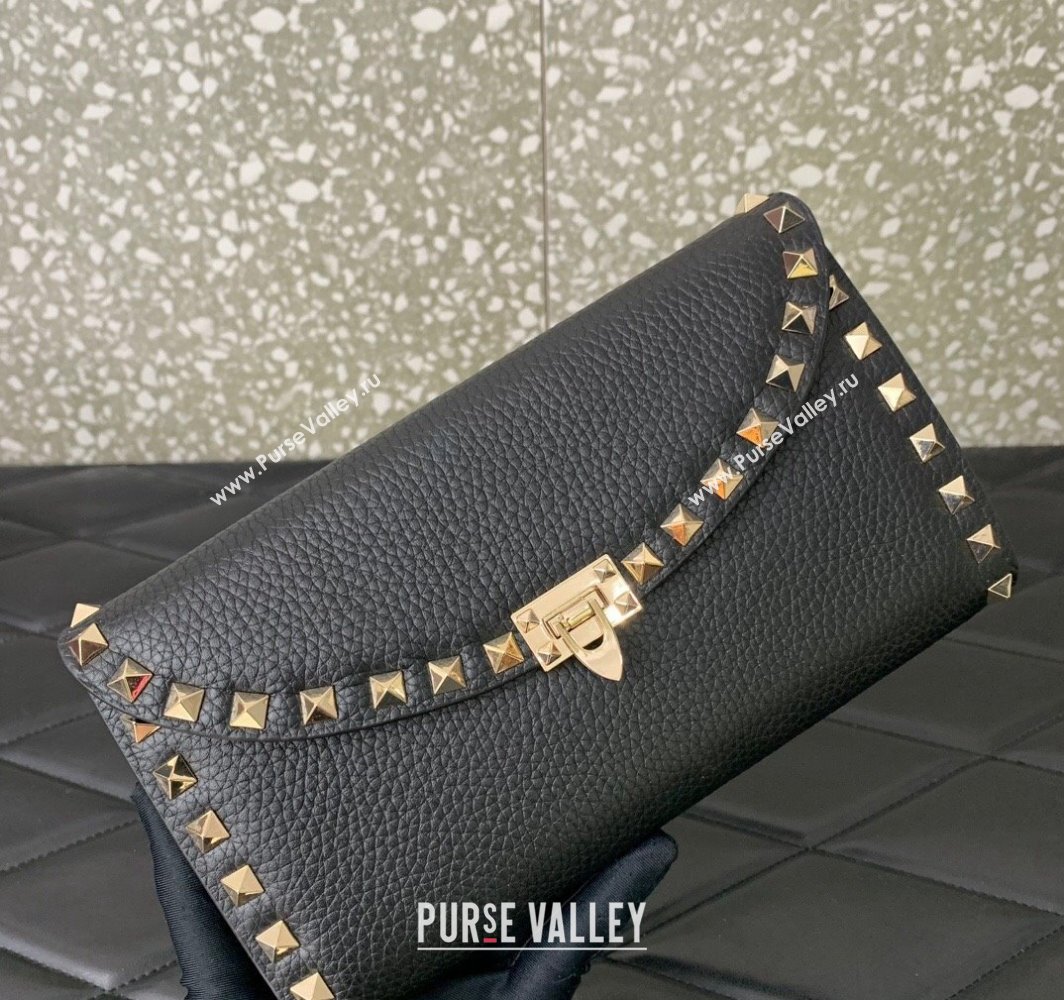 Valentino Rockstud Wallet With Chain in Grainy Calfskin Black 2024 (liankafo-24020138)