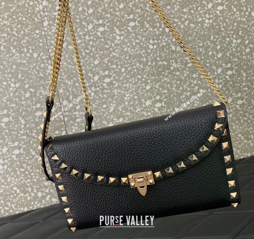 Valentino Rockstud Wallet With Chain in Grainy Calfskin Black 2024 (liankafo-24020138)